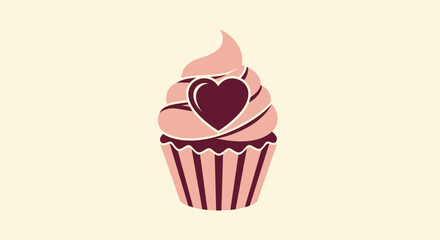 A cartoon cupcake with pink frosting and a heart decoration. The cake is on a neutral background