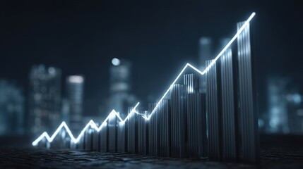 Futuristic Financial Growth Visualization with Neon Bar Graph Against a Night City Skyline, Representing Positive Trends in Business and Economy