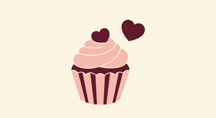 A digitally drawn cupcake with pink frosting, dark base, heart toppers, and a floating heart