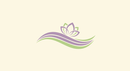 A stylized, floral logo on a cream background, featuring waves and a flower