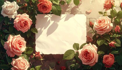 Peach and White Roses Frame Blank Notecard