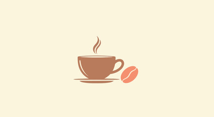 A stylized coffee cup with steam rising and a coffee bean beside it on a cream background