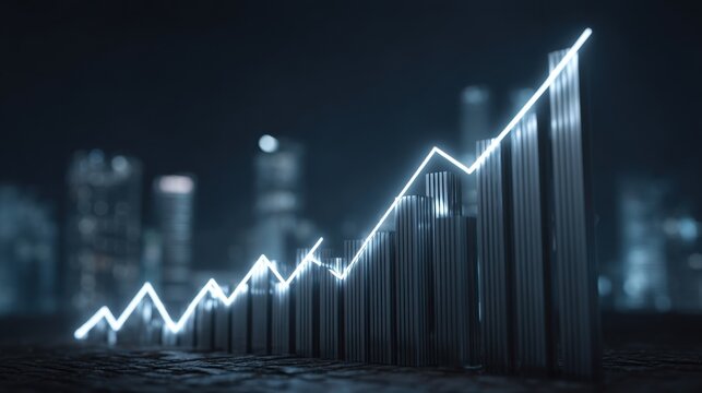 Futuristic Financial Growth Visualization with Neon Bar Graph Against a Night City Skyline, Representing Positive Trends in Business and Economy