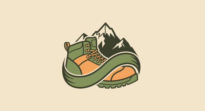 A hiking boot design featuring a mountain, stylized with flowing lines and earth tones