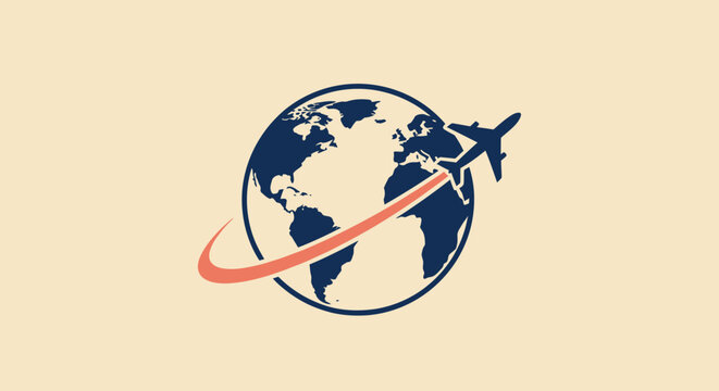 A globe encircled by a line, crossed by an airplane icon.  Background is a light cream color - Powered by Adobe