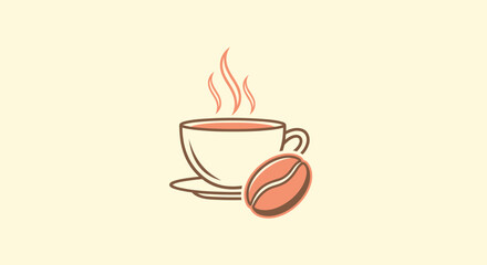 A stylized coffee cup with steam, a coffee bean, and a saucer set on a neutral background
