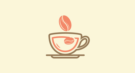 Stylized coffee cup icon with floating bean. Cup sits on saucer. Two-tone design. Beige background