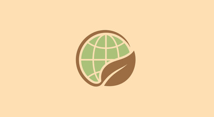 A globe with grid lines and a leaf in shades of green and brown, on a light tan background
