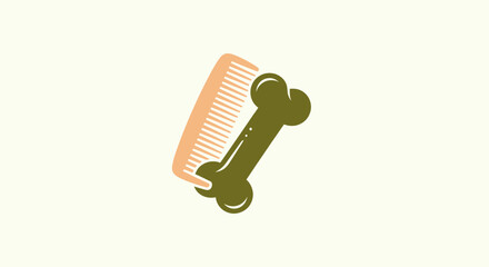 A beige comb partially overlaps a green bone on a cream background, a pet-related illustration