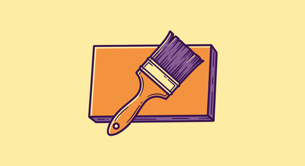 A stylized illustration depicts a paintbrush on an orange rectangle with purple outlines. The background is a pale yellow