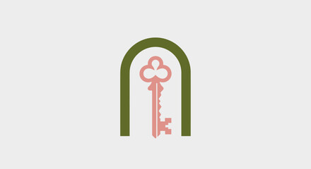Logo featuring a stylized key inside an arch. Color scheme rose-pink and olive-green on a light grey