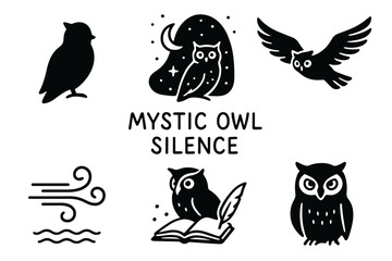 Fototapeta premium Black and white vector icons of owls with various themes including a moonlit owl, flying owl, owl with a book, and abstract breeze symbols.