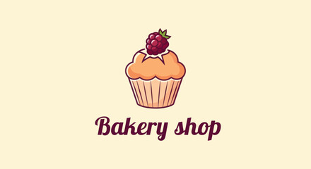 A bakery shop logo features a cupcake topped with a raspberry on a light-cream background