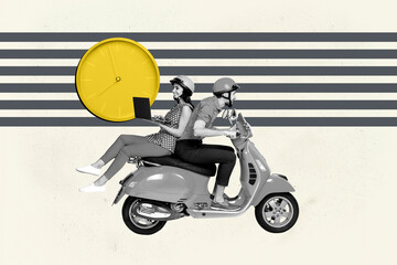 Contemporary art pop image collage of happy business girl guy stand deadline clock expire limit countdown timepiece regime