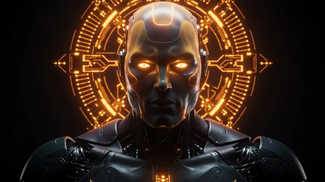 Closeup portrait of a futuristic cyborg with glowing orange eyes and intricate mechanical details, set against a dark background with a digital circuit pattern