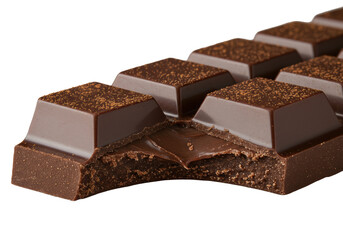 Extreme macro shot of a gourmet dark chocolate bar with a broken segment revealing a fudge-like interior, glossy sheen, and cocoa dust, isolated on a transparent background. Concept of gourmet