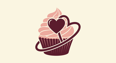 A cupcake illustration with pink frosting, heart accents, on beige backdrop
