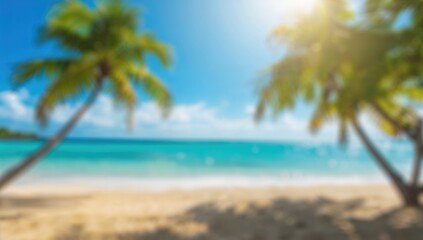 Obraz premium Blurred bokeh lights over a bright ocean and sky, evoking a tropical summer holiday vibe