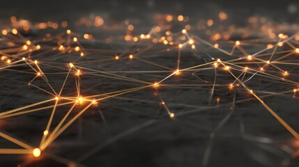 Obraz premium Abstract visual representation of interconnected glowing lines and nodes on a dark background, depicting digital networks and technology concepts in motion