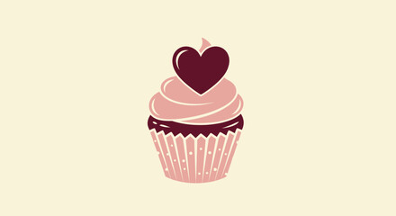 A simple, stylized cupcake design with a heart on top. Colors are pink and burgundy