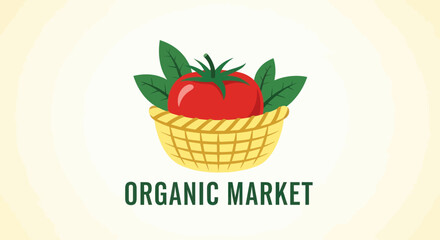 A red tomato with green leaves is in a woven basket, with text 