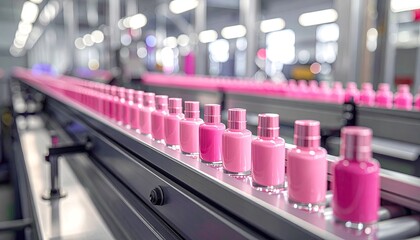 Pink Bottles Moving on Conveyor Belt in Factory