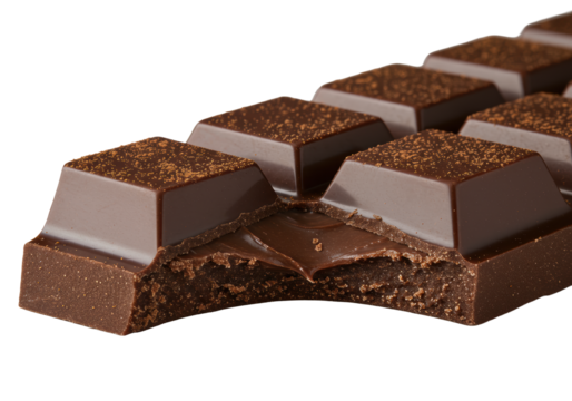 Extreme macro shot of a gourmet dark chocolate bar with a broken segment revealing a fudge-like interior, glossy sheen, and cocoa dust, isolated on a transparent background. Concept of gourmet
