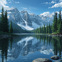 snowy Mountain range Lake Reflection forest pine trees 