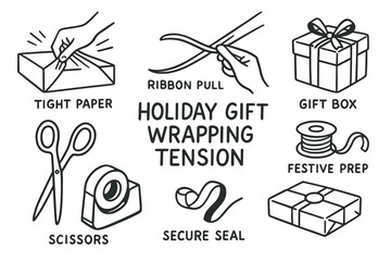 Black and white illustration of various gift wrapping elements including scissors, ribbons, tape, and boxed presents with captions describing holiday gift preparation.