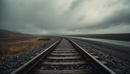 Fototapeta premium Old steel rails disappearing into the sky, a haunting journey on forgotten tracks