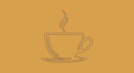 A simple line drawing of a coffee cup with steam rising, set on an orange background
