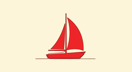 A red sailboat with two sails floats on a beige surface. The image has a minimalist design