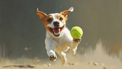 A joyful Jack Russell Terrier dog is depicted running and playfully holding a tennis ball in its paws.