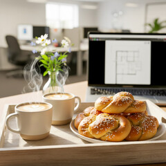 Freshly Brewed Coffee And Pastry Break In Modern Office Setting For Cozy Workplace Moments, Coffee Break, Team Bonding, Scandinavian Fika Culture, And Lifestyle Branding Concepts