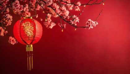 A red Chinese lantern with a golden dragon is hanging from a branch with pink blossoms against a solid red background.