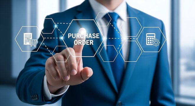 Businessman touching a digital screen with the words purchase order and icons representing business processes