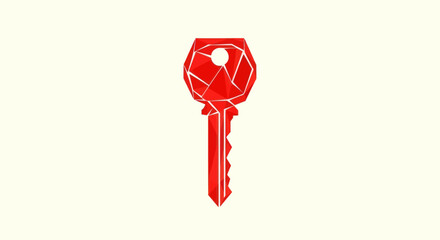 A stylized red key with geometric facets against an off-white background
