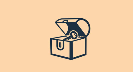 A dark blue outlined treasure chest with an open lid, key inside, set against a light beige backdrop