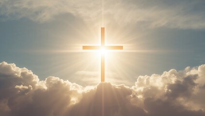 A luminous Christian cross glowing against a sky filled with gentle clouds, symbolizing divine love, hope, and liberation.