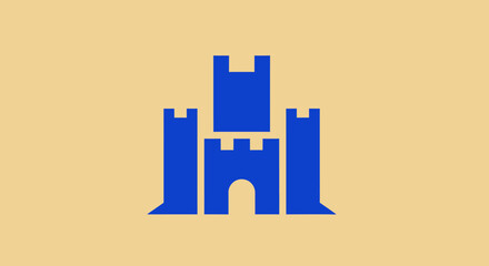 A blue stylized castle with turrets on a cream background, a simple graphic design © gudangPIXEL