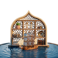 Enchanting miniature sailing ship resting on rippling water before a whimsical wooden shelf, evoking dreams of adventure and faraway lands, a captivating design.