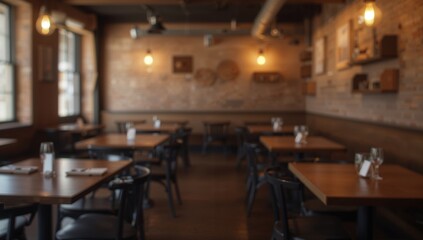 Fototapeta premium Blurred View of a Warm Industrial Dining Space Featuring Wooden Furniture, Brick Walls, and Retro Lighting