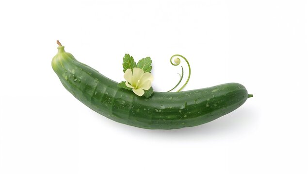 Gherkin cucumbers featuring flower, leaf, and tendril elements with isolated shadows and clipping paths