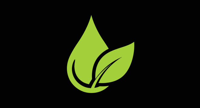 Green leaf and waterdrop logo on a black background, with stylized leaves and drop