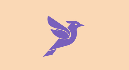 A stylized bird logo with a wing extended, purple on a beige background. Simple, geometric form