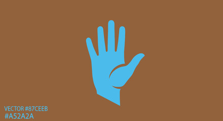 A stylized blue hand, palm open, against a brown background. Vector graphic, flat design