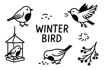 Black outline drawings of birds in various poses around the words "winter bird," featuring a birdhouse and berry branches, representing a winter theme.