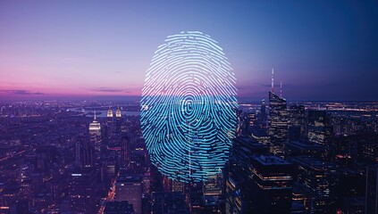 Fingerprint hologram projected above an urban landscape, symbolizing advanced security and futuristic technology with a double exposure style.