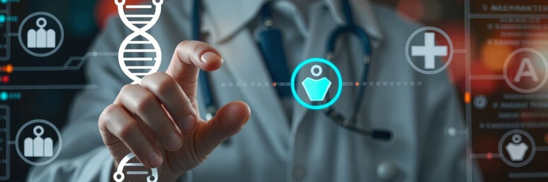 A doctor in a white coat interacts with digital icons and a DNA strand, showing a modern approach to healthcare and genetic research digitally. - Powered by Adobe