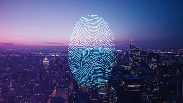 Fingerprint hologram projected above an urban landscape, symbolizing advanced security and futuristic technology with a double exposure style.